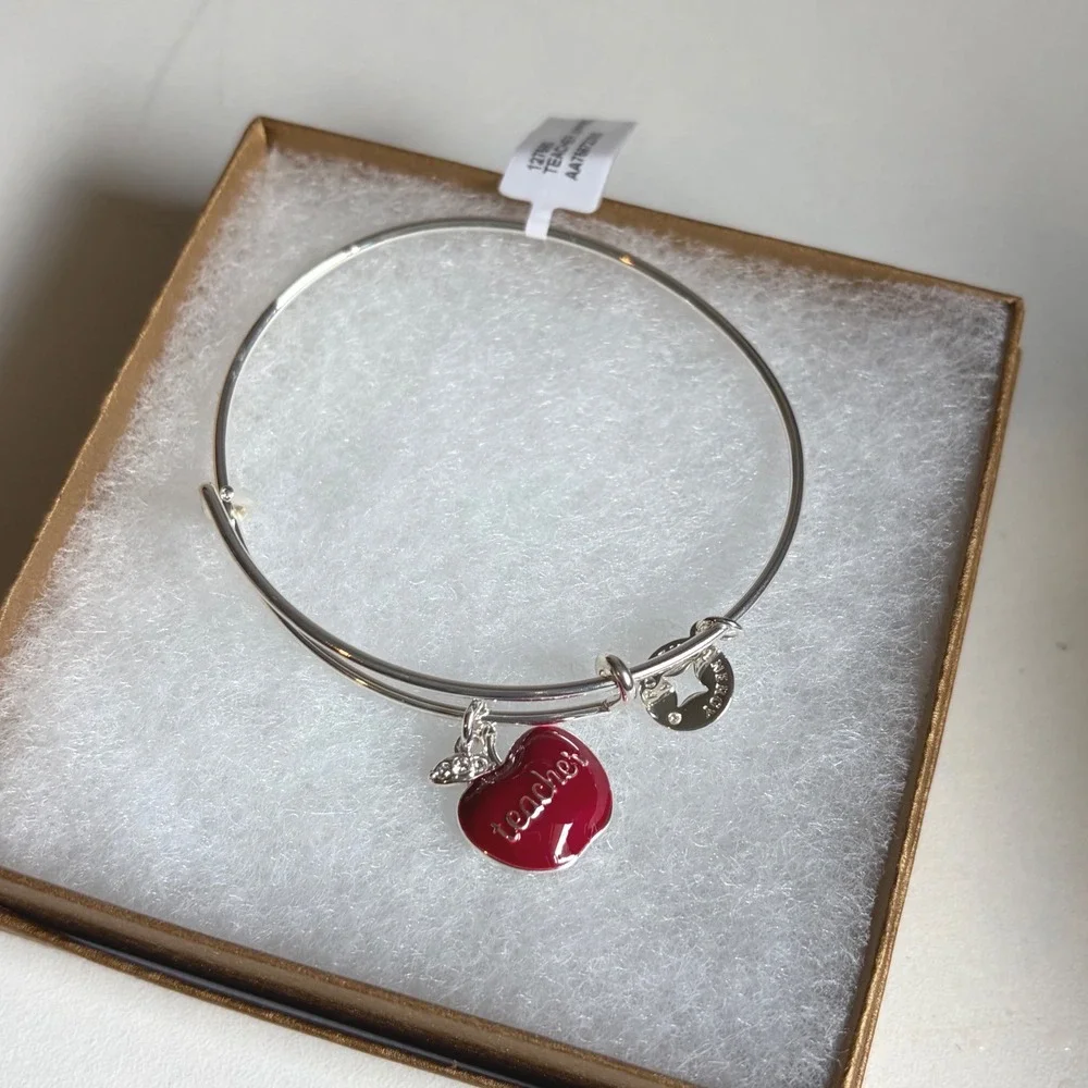 Alex and Ani Teacher Apple Charm Bangle Bracelet Silver Red Enamel
